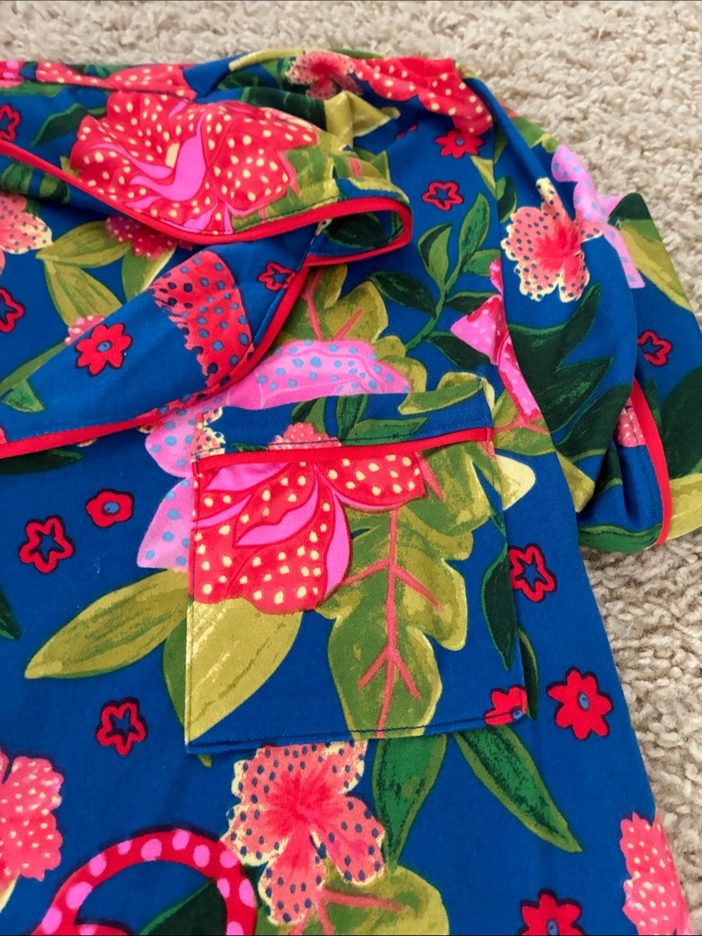 Room Service Vibrant Floral Blue Button-Up Pajama Top and Pants (size small) - Picture 4 of 7